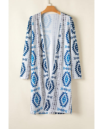 Sky Blue Western Aztec Printed Open Front Long Cardigan - M
