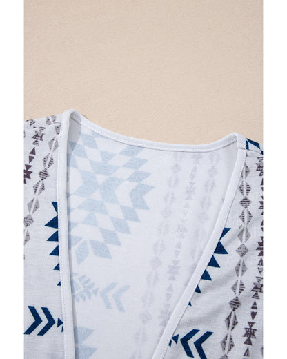 Sky Blue Western Aztec Printed Open Front Long Cardigan - M
