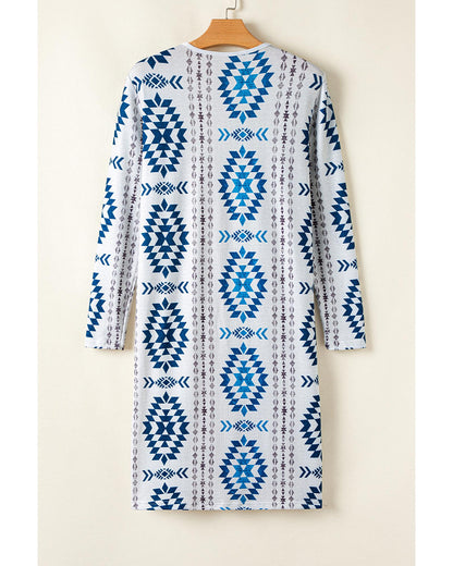 Sky Blue Western Aztec Printed Open Front Long Cardigan - M