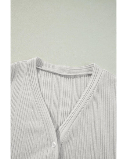 White Solid Color Ribbed Button up Tunic Cardigan - L