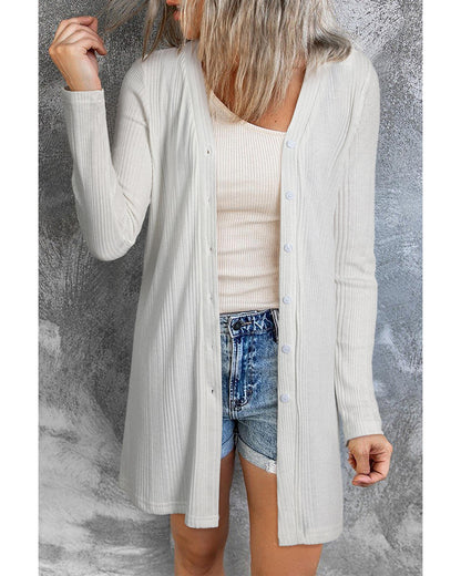 White Solid Color Ribbed Button up Tunic Cardigan - L