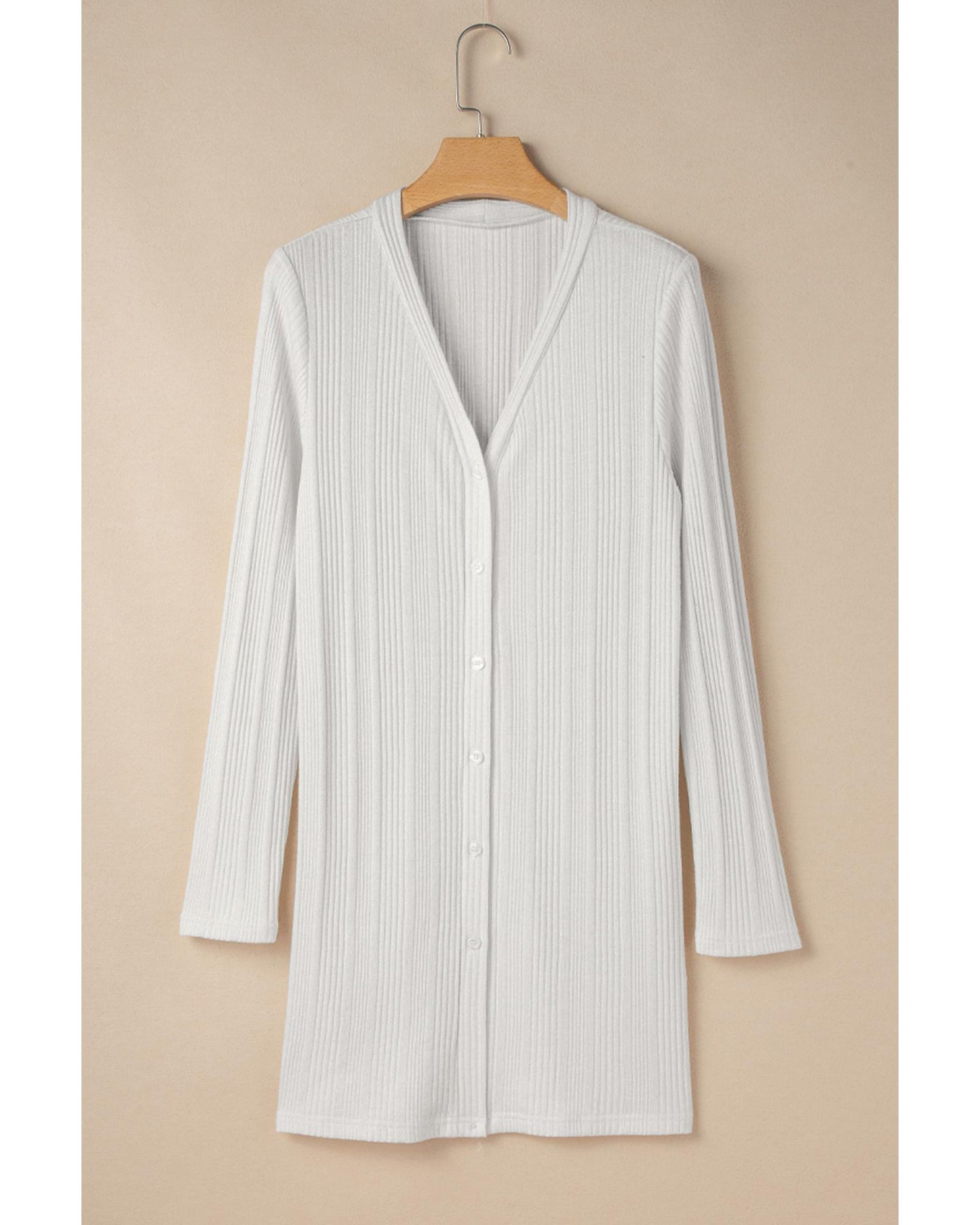 White Solid Color Ribbed Button up Tunic Cardigan - L