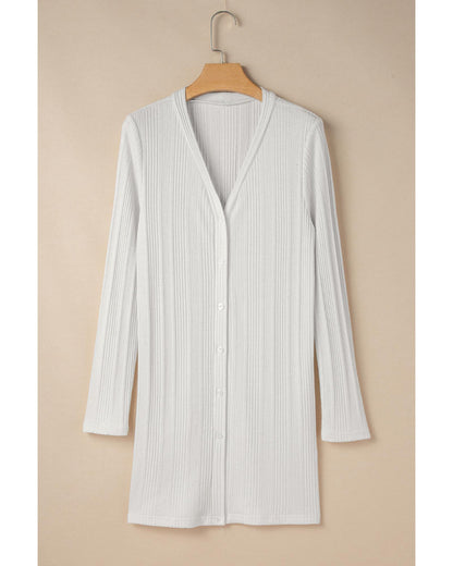 White Solid Color Ribbed Button up Tunic Cardigan - L