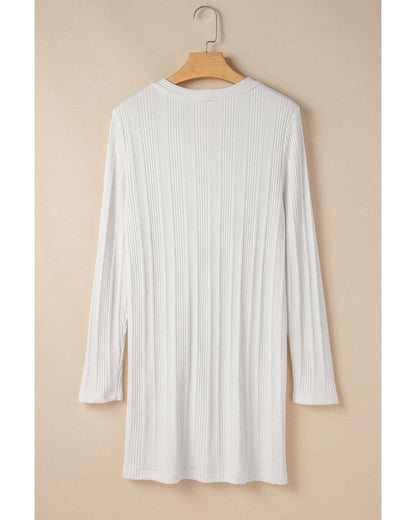 White Solid Color Ribbed Button up Tunic Cardigan - L