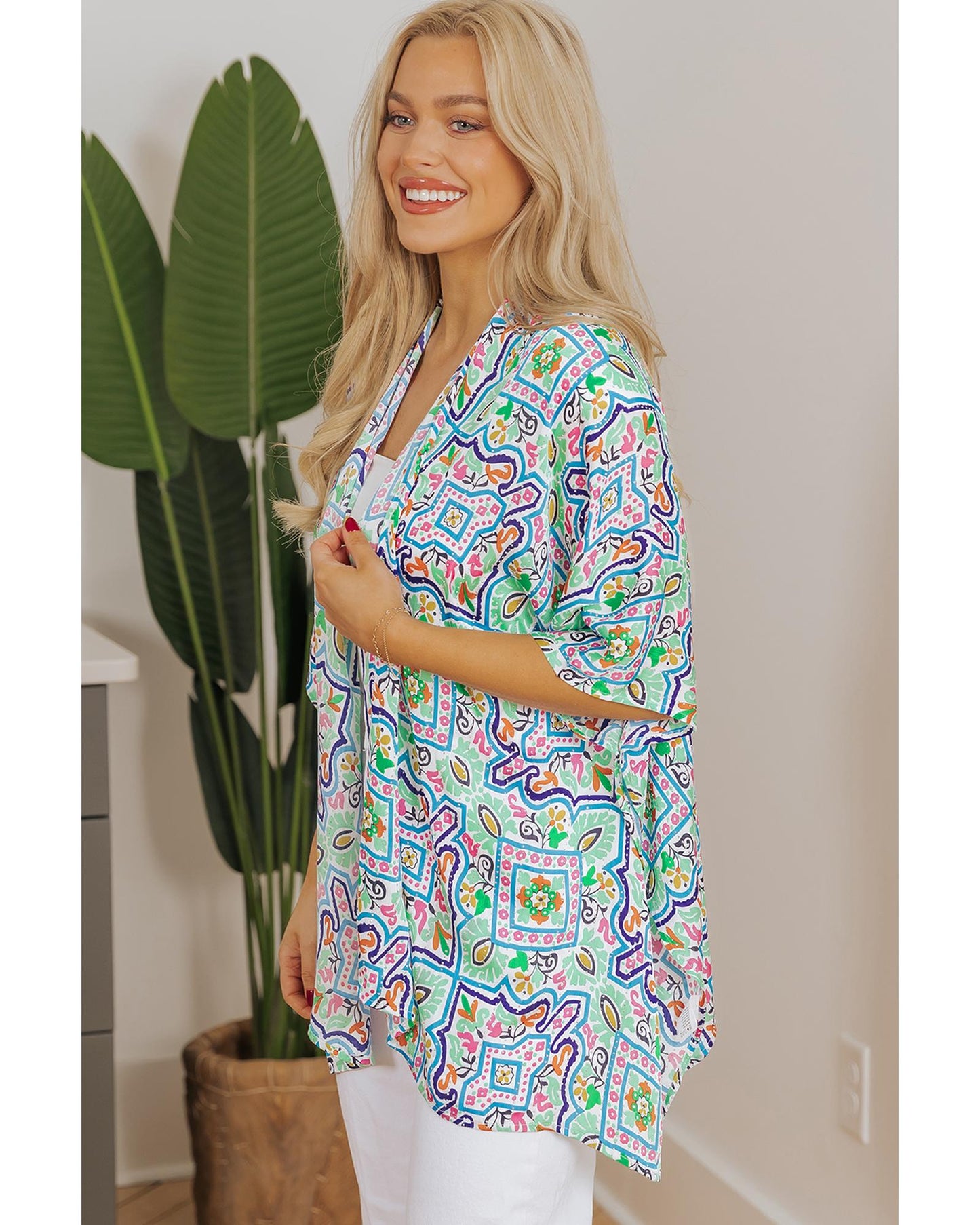 White Boho Floral Printed Rhinestone 3/4 Sleeve Open Front Kimono - L