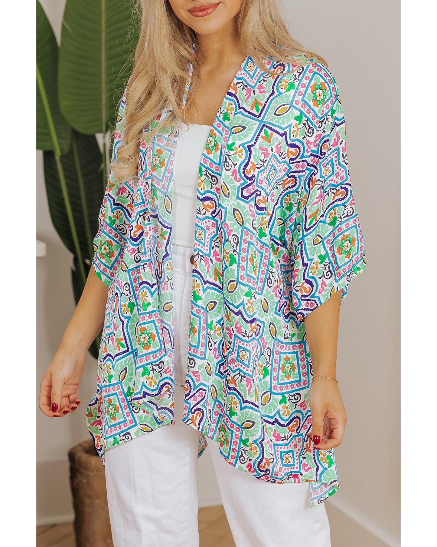 White Boho Floral Printed Rhinestone 3/4 Sleeve Open Front Kimono - L