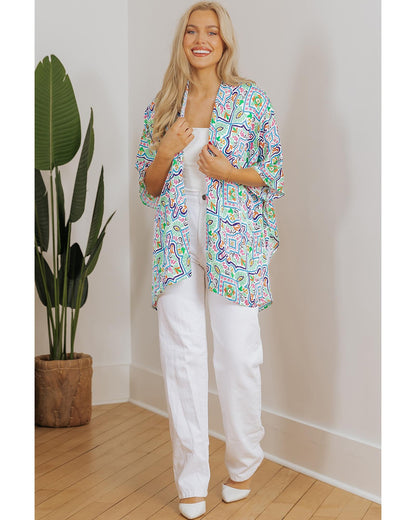 White Boho Floral Printed Rhinestone 3/4 Sleeve Open Front Kimono - M