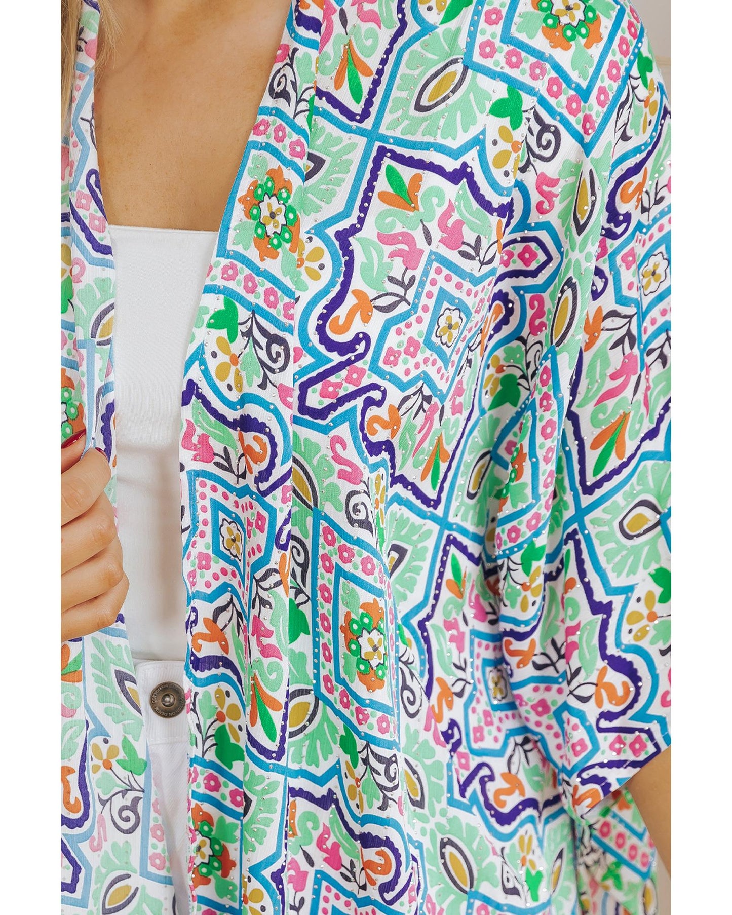 White Boho Floral Printed Rhinestone 3/4 Sleeve Open Front Kimono - M