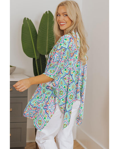 White Boho Floral Printed Rhinestone 3/4 Sleeve Open Front Kimono - S