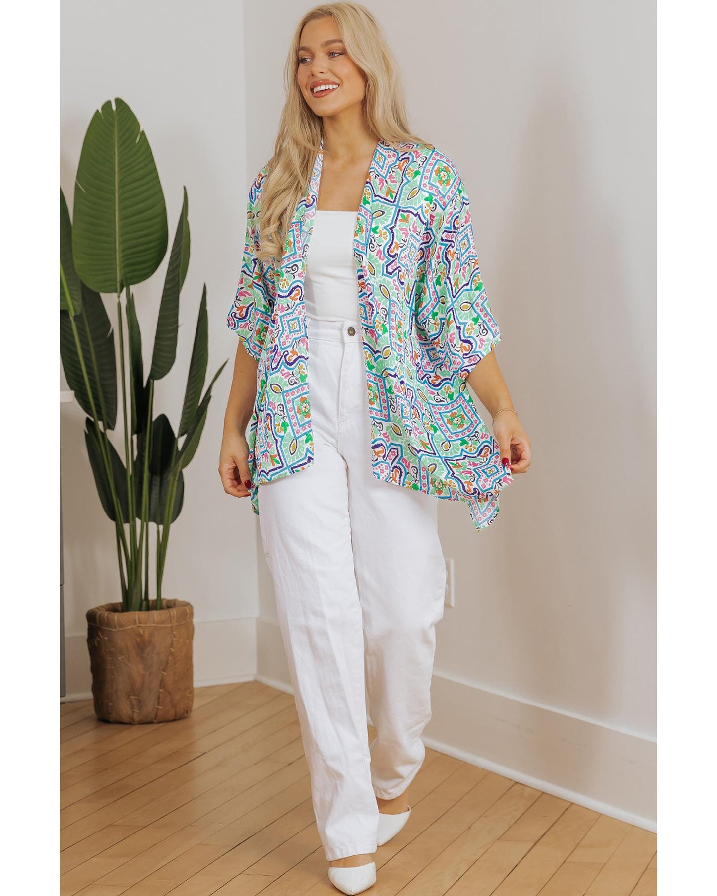 White Boho Floral Printed Rhinestone 3/4 Sleeve Open Front Kimono - S