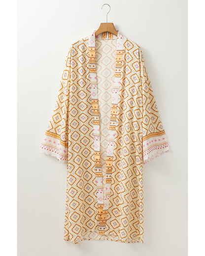 Yellow Bohemian Geometric Printed Loose Sleeve Long Kimono - M