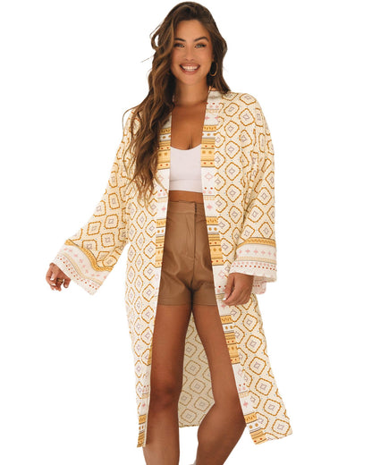 Yellow Bohemian Geometric Printed Loose Sleeve Long Kimono - M