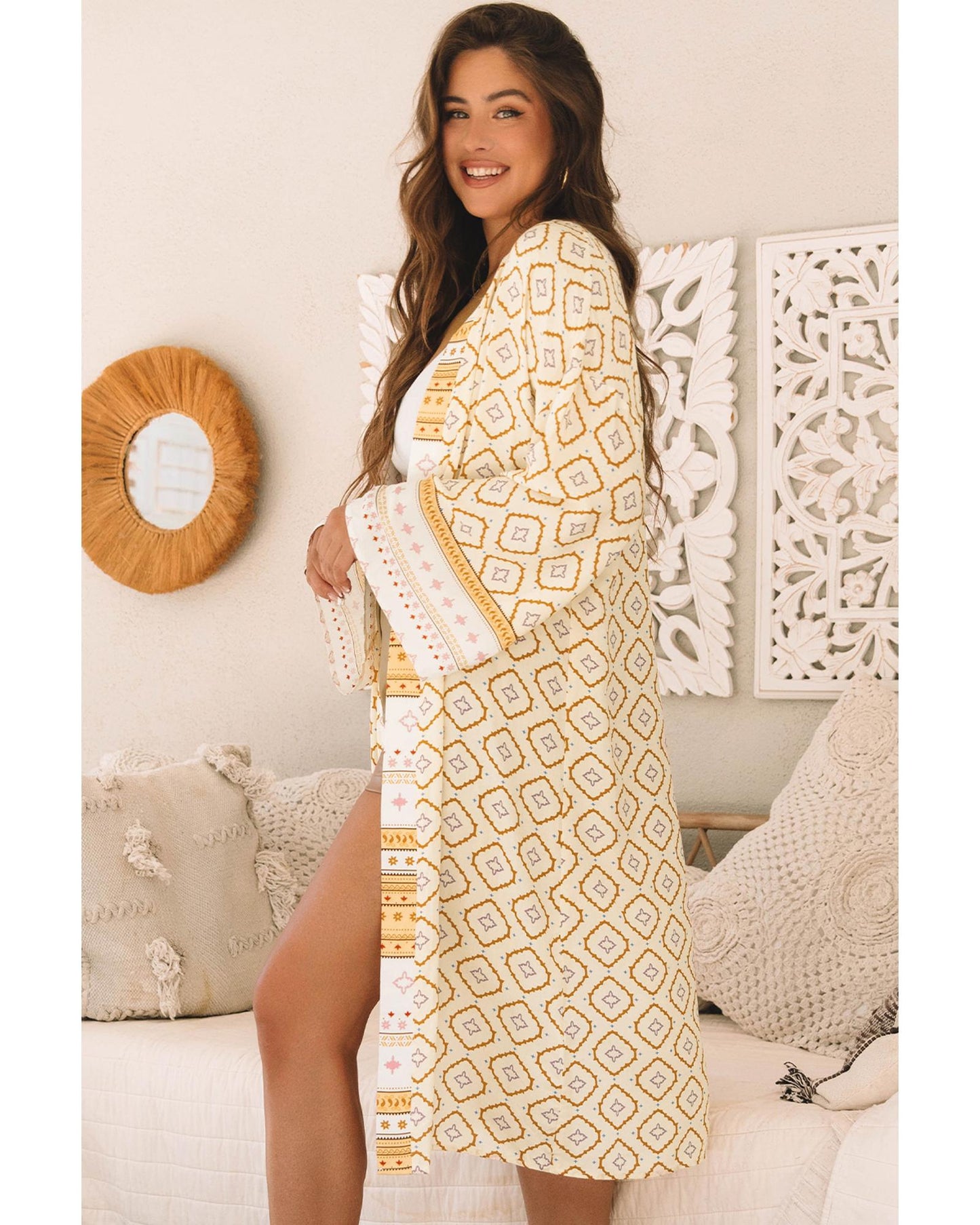 Yellow Bohemian Geometric Printed Loose Sleeve Long Kimono - S