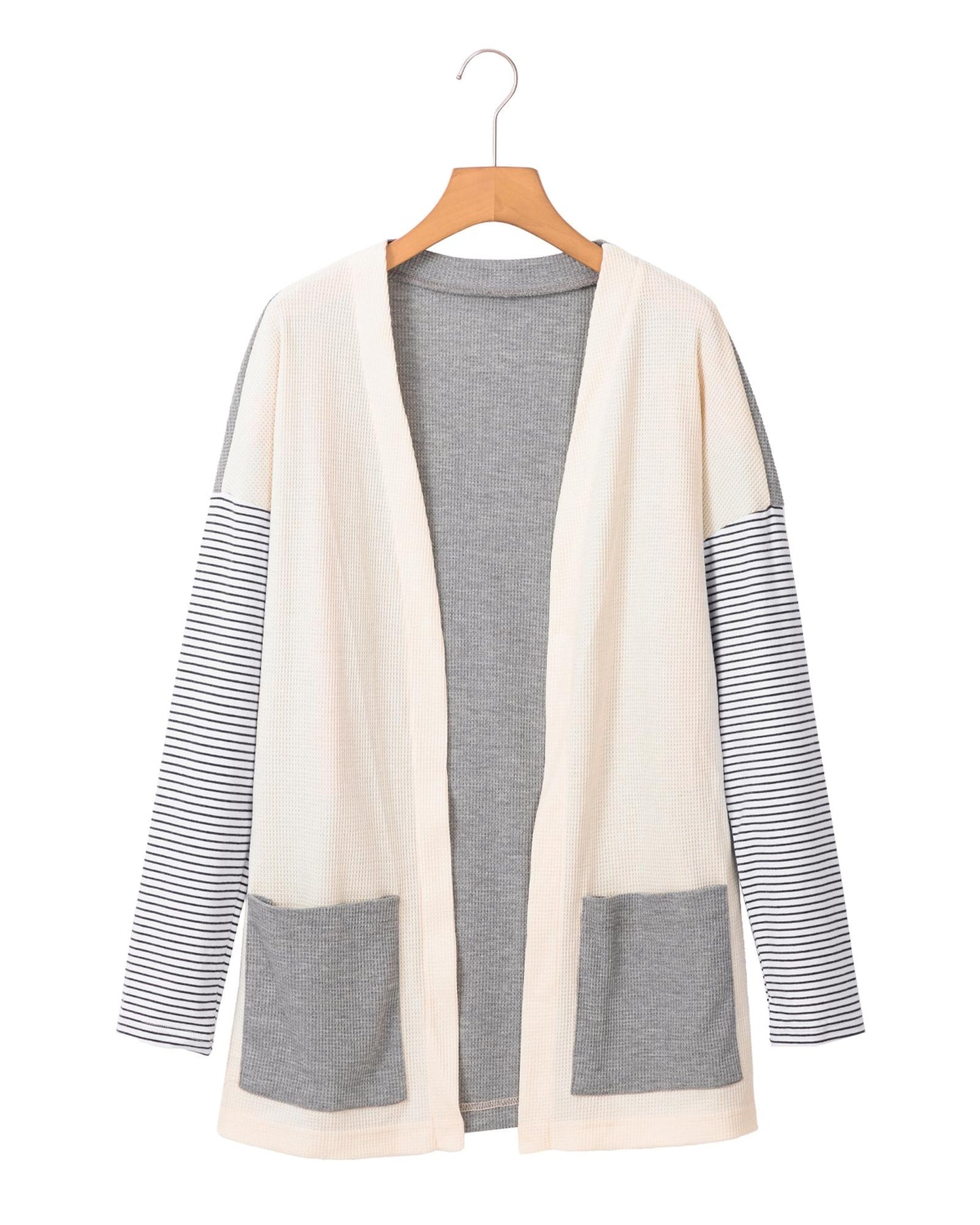 Black Stripe Colorblock Patchwork Open Front Cardigan with Pocket - M