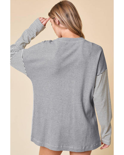 Black Stripe Colorblock Patchwork Open Front Cardigan with Pocket - S