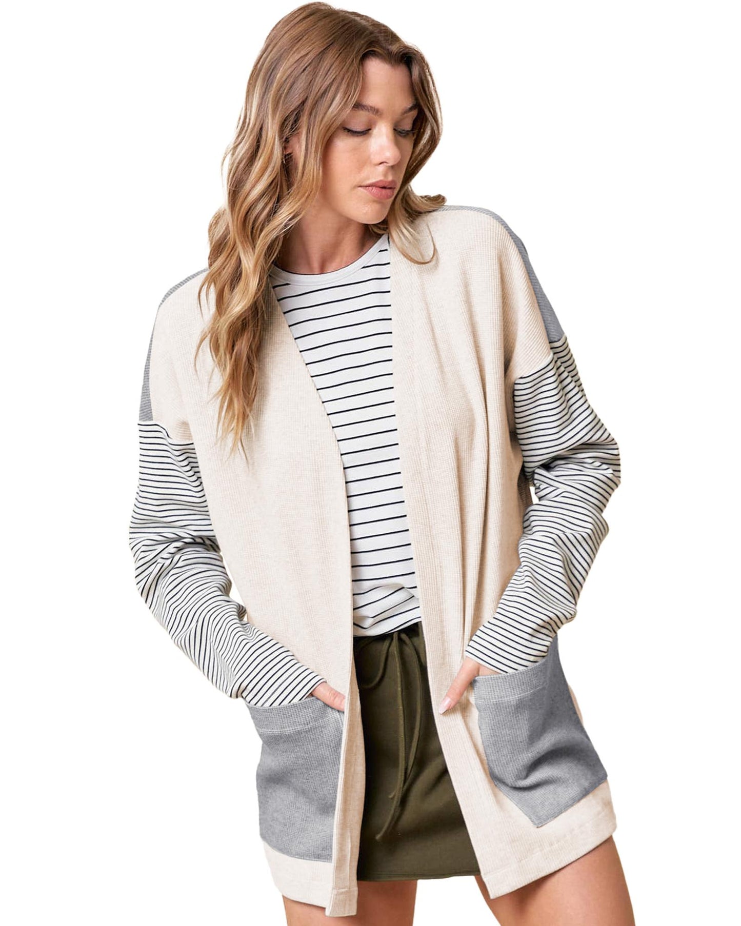 Black Stripe Colorblock Patchwork Open Front Cardigan with Pocket - S