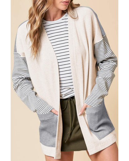 Black Stripe Colorblock Patchwork Open Front Cardigan with Pocket - XL