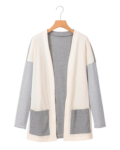 Black Stripe Colorblock Patchwork Open Front Cardigan with Pocket - XL