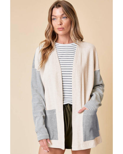 Black Stripe Colorblock Patchwork Open Front Cardigan with Pocket - XL