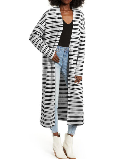 Black Stripe Print Open Front Duster Cardigan - L