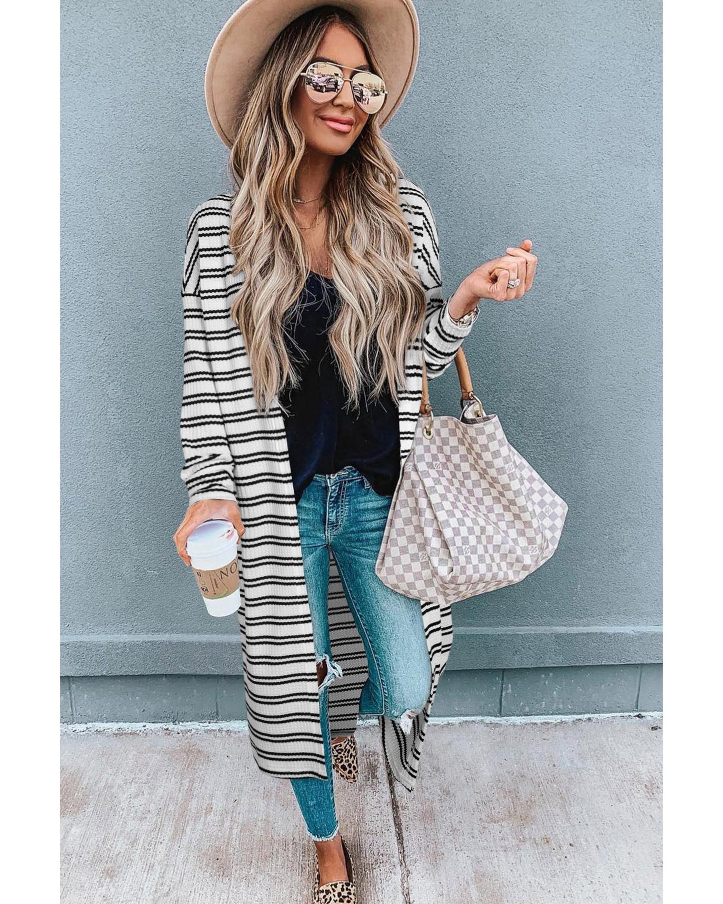 Black Stripe Print Open Front Duster Cardigan - XL