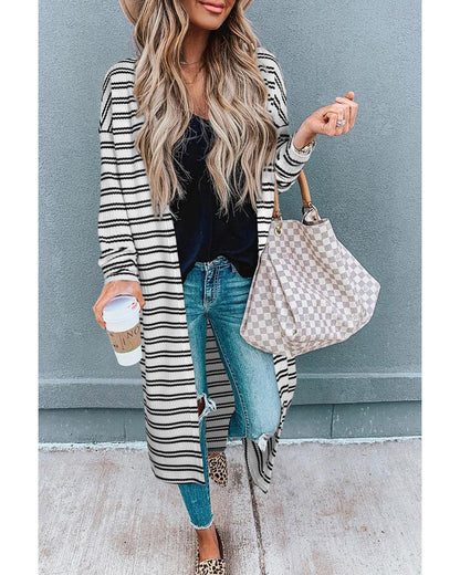 Black Stripe Print Open Front Duster Cardigan - XL