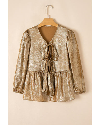 Gold Bow Tie Front Puff 3/4 Sleeve Ruffle Hem Blouse - L