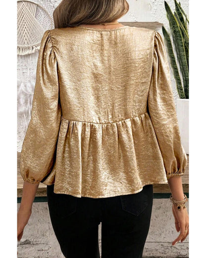 Gold Bow Tie Front Puff 3/4 Sleeve Ruffle Hem Blouse - XL