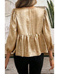 Gold Bow Tie Front Puff 3/4 Sleeve Ruffle Hem Blouse - XL