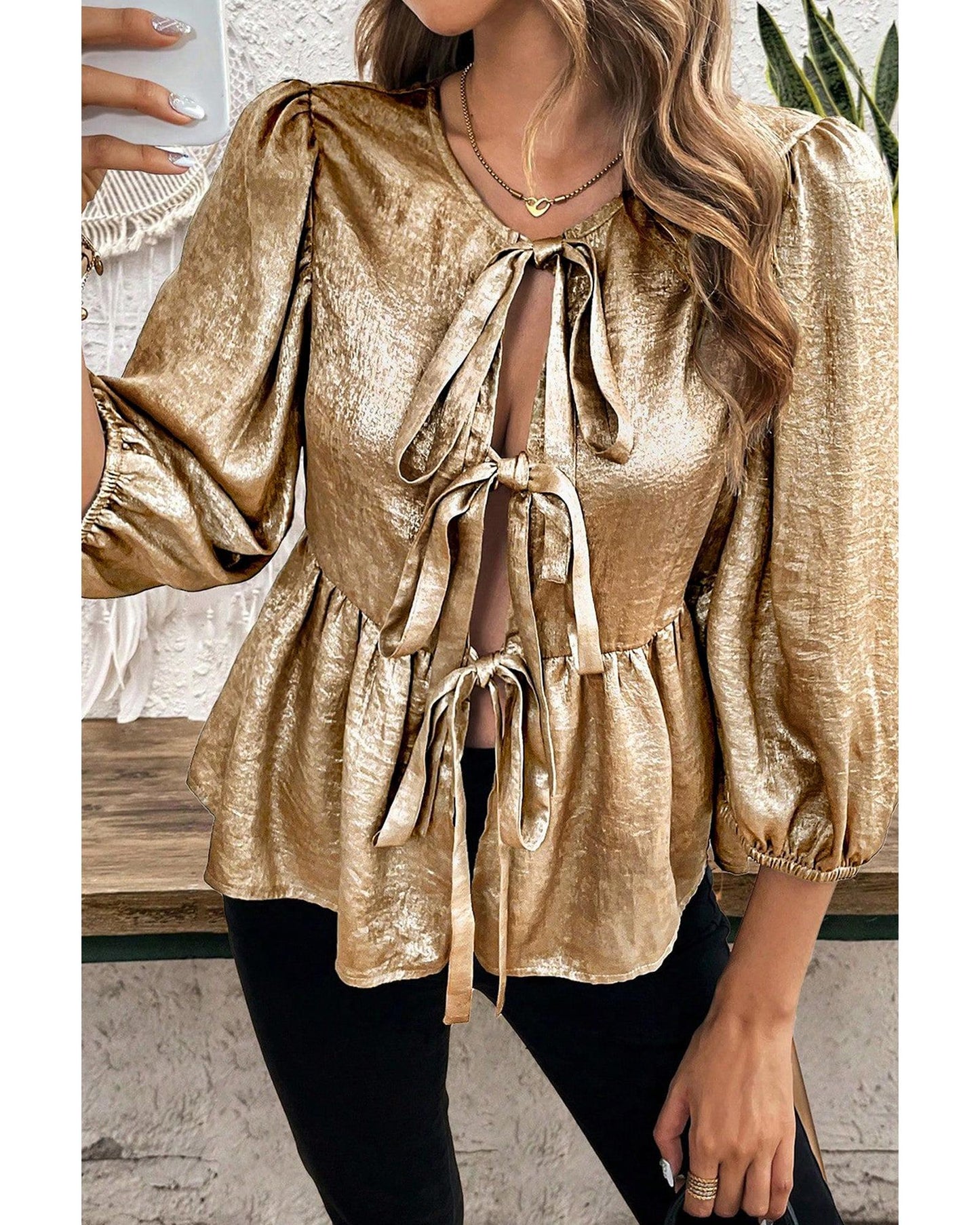 Gold Bow Tie Front Puff 3/4 Sleeve Ruffle Hem Blouse - XL