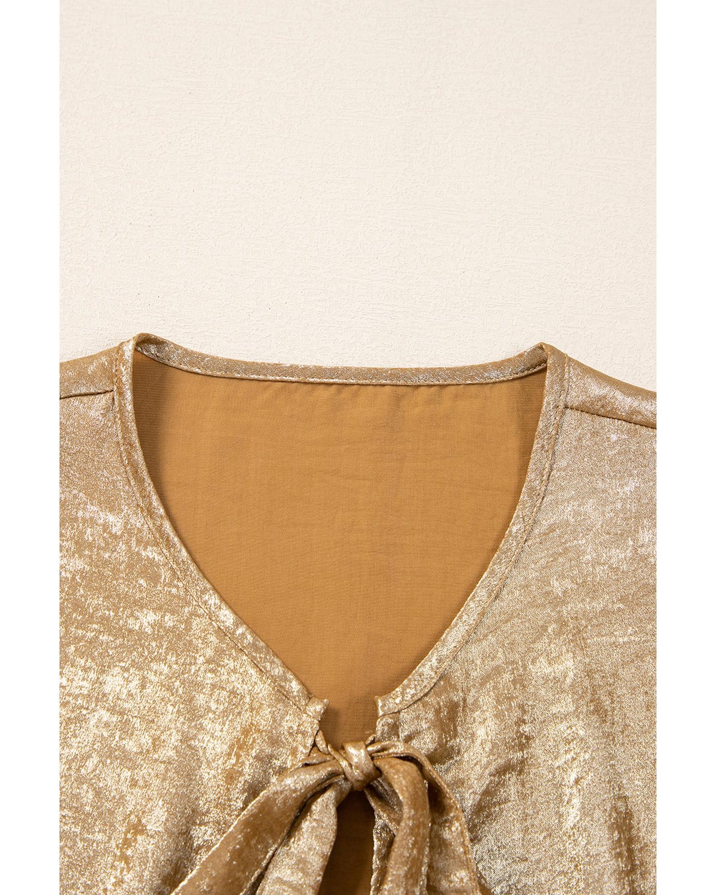 Gold Bow Tie Front Puff 3/4 Sleeve Ruffle Hem Blouse - XL