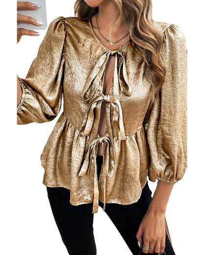 Gold Bow Tie Front Puff 3/4 Sleeve Ruffle Hem Blouse - XL