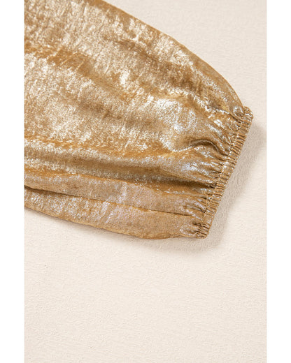 Gold Bow Tie Front Puff 3/4 Sleeve Ruffle Hem Blouse - XL