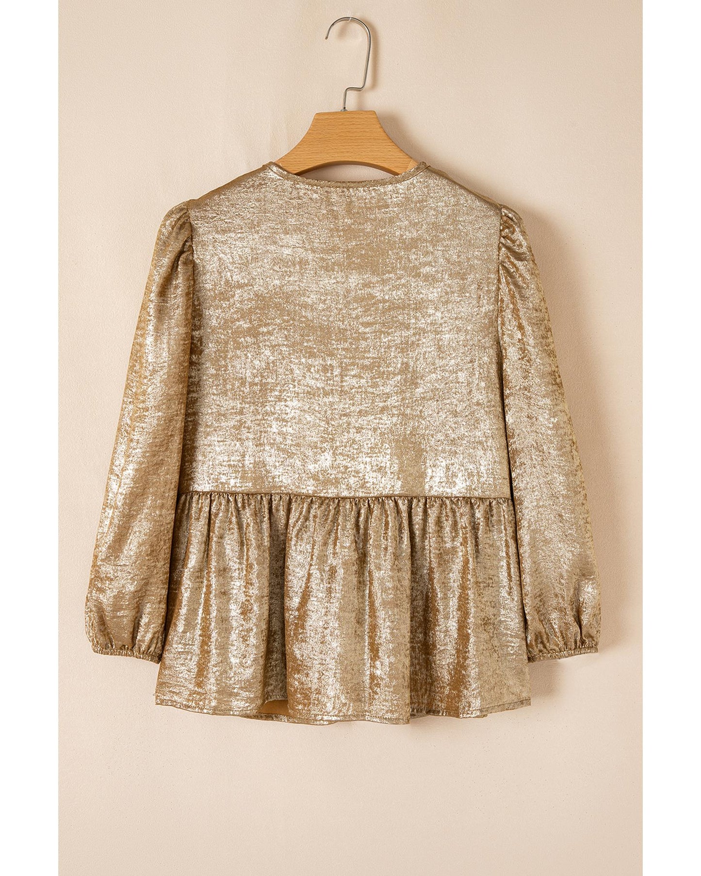 Gold Bow Tie Front Puff 3/4 Sleeve Ruffle Hem Blouse - XL