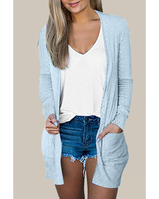 Mist Blue Eyelet Texture Pocketed Open Front Cardigan - S