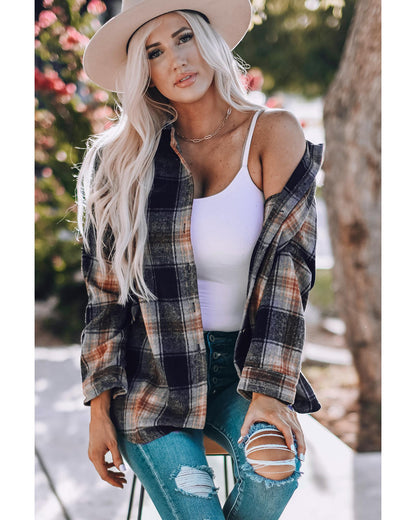 Black Oversize Rounded Hem Plaid Shacket with Slits - L