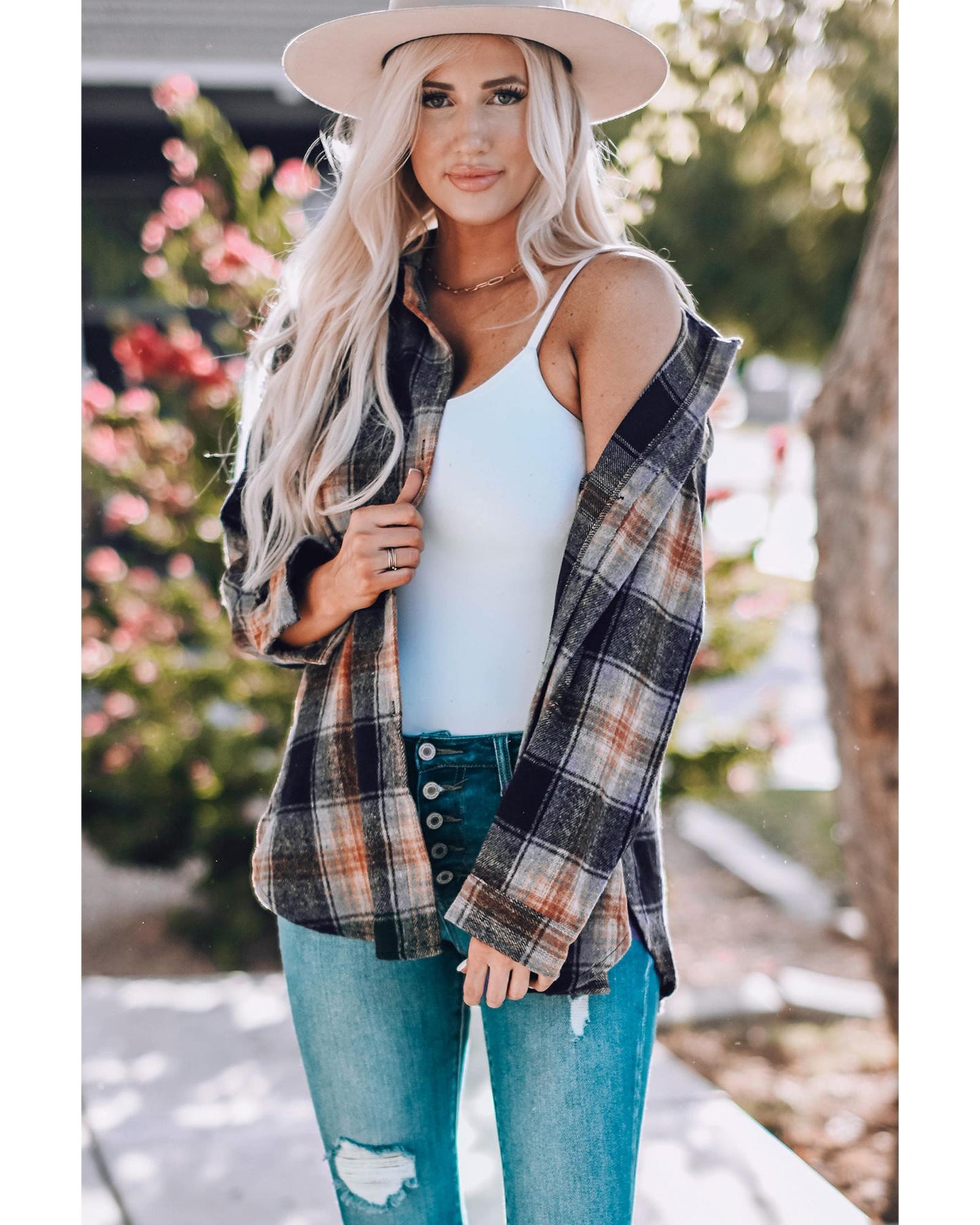 Black Oversize Rounded Hem Plaid Shacket with Slits - S