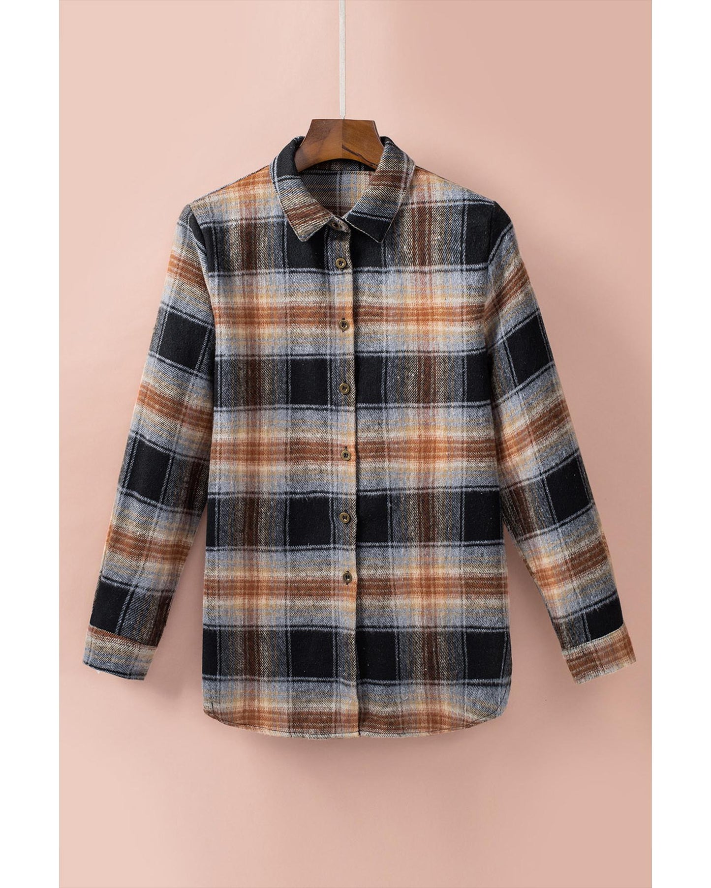 Black Oversize Rounded Hem Plaid Shacket with Slits - S