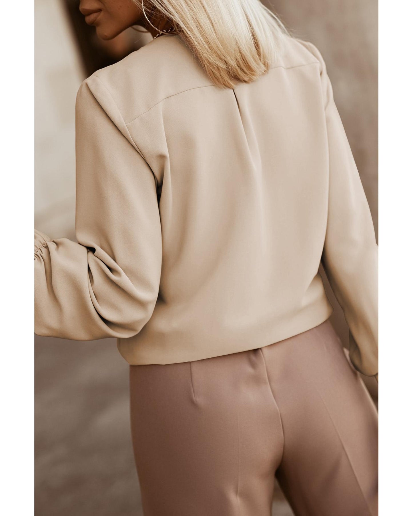 Khaki Crew Neck Gathered Stretch Cuff Shirt - L