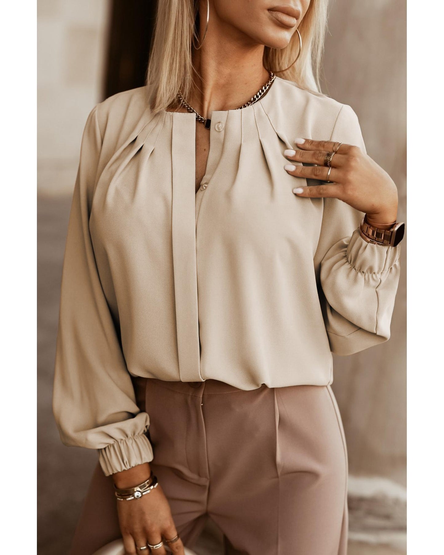 Khaki Crew Neck Gathered Stretch Cuff Shirt - L