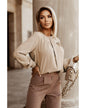 Khaki Crew Neck Gathered Stretch Cuff Shirt - M