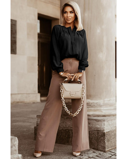 Black Crew Neck Gathered Stretch Cuff Shirt - M