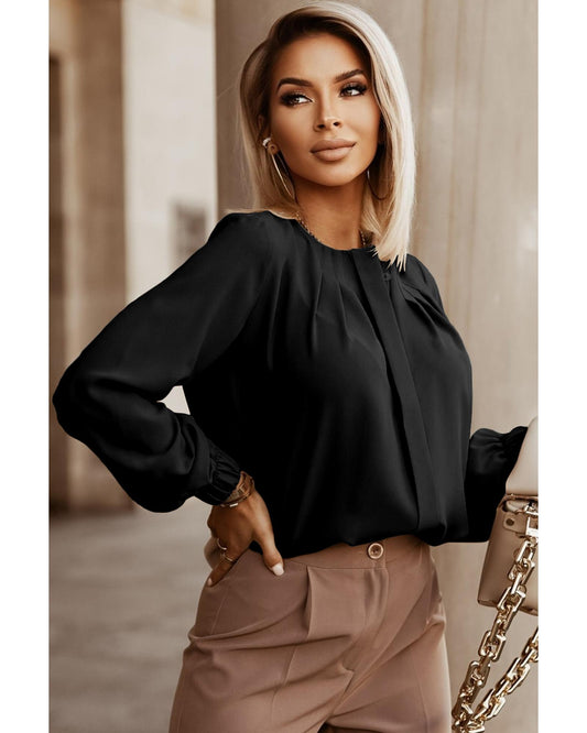 Black Crew Neck Gathered Stretch Cuff Shirt - XS