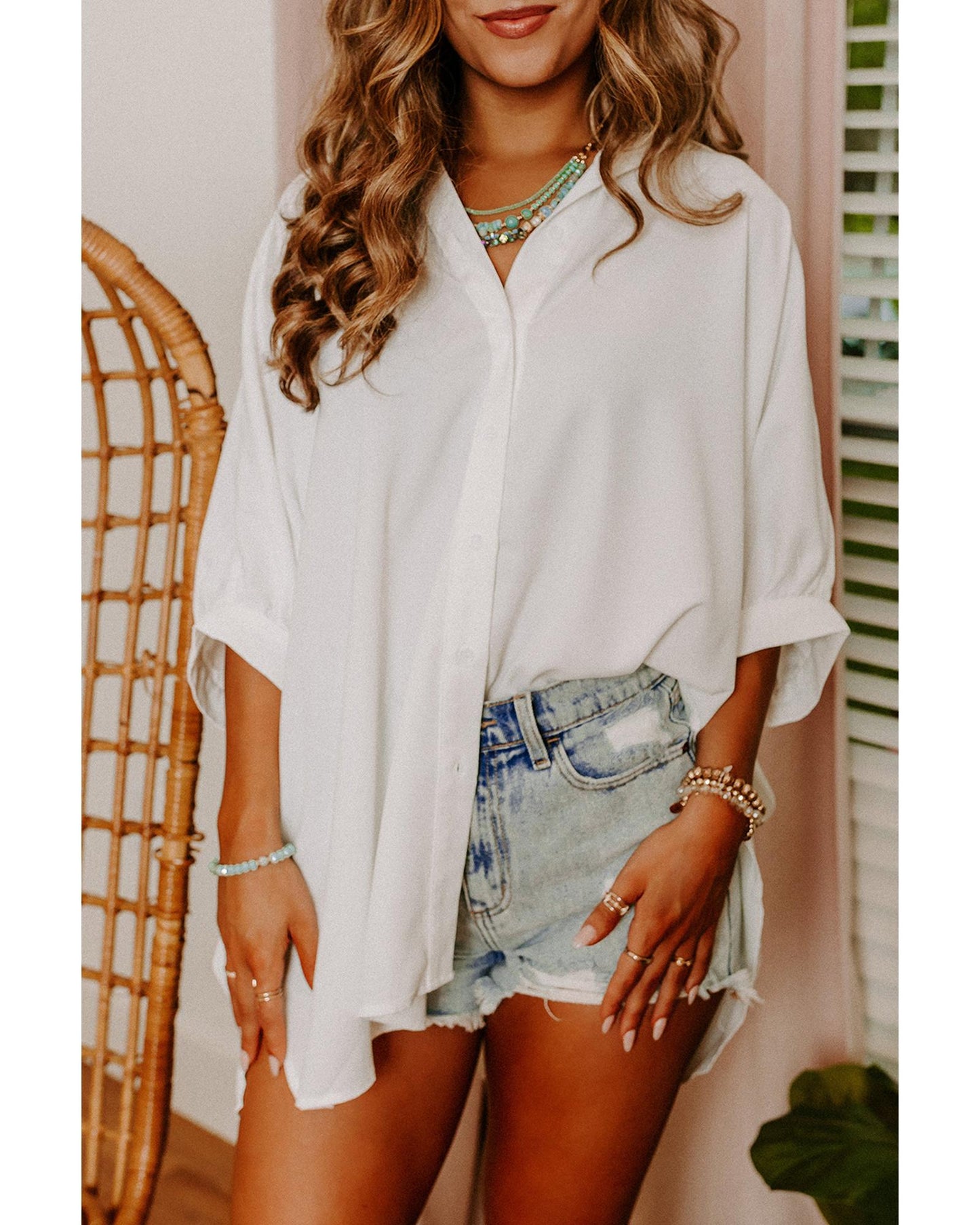 Azura Exchange White 3/4 Puff Sleeve Oversize Shirt - 2XL