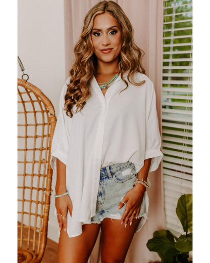 Azura Exchange White 3/4 Puff Sleeve Oversize Shirt - 2XL