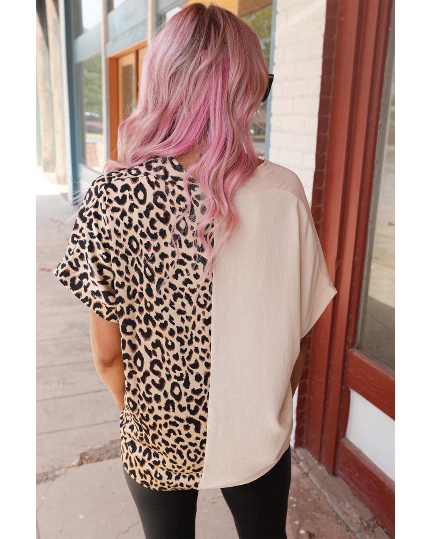 Khaki Contrast Leopard Color Block Blouse - M