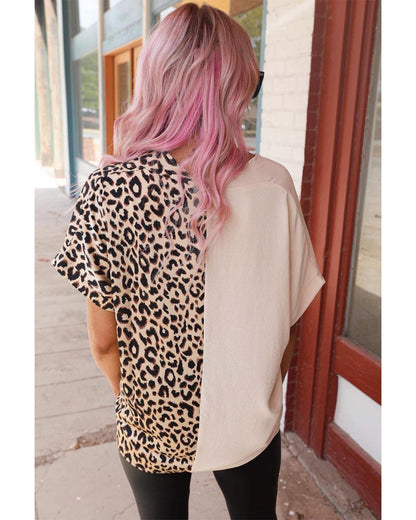 Khaki Contrast Leopard Color Block Blouse - M