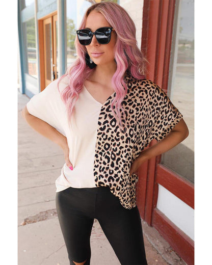 Khaki Contrast Leopard Color Block Blouse - M