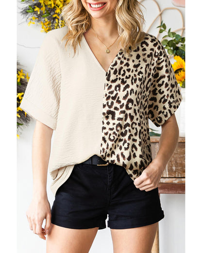 Khaki Contrast Leopard Color Block Blouse - M