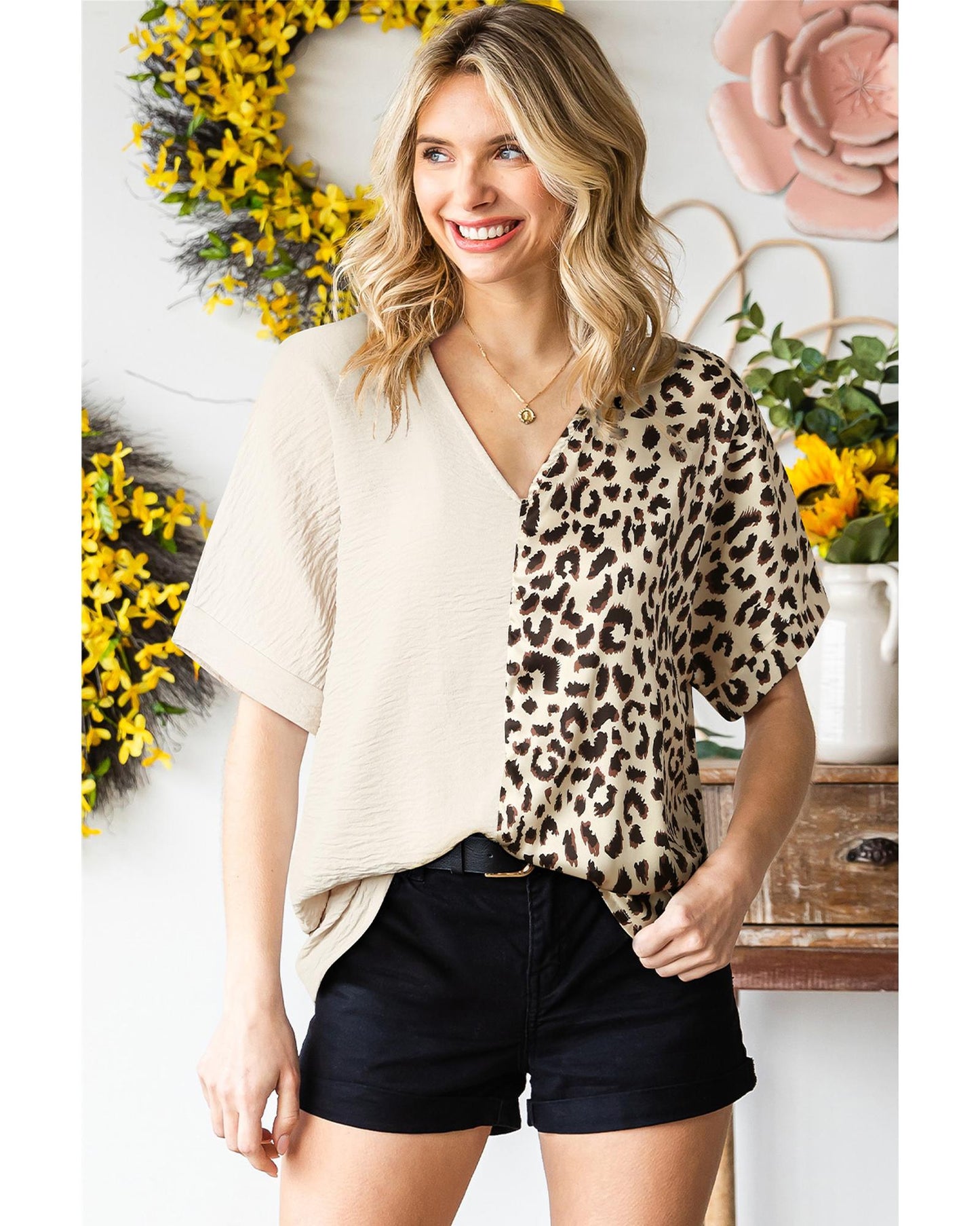 Khaki Contrast Leopard Color Block Blouse - M